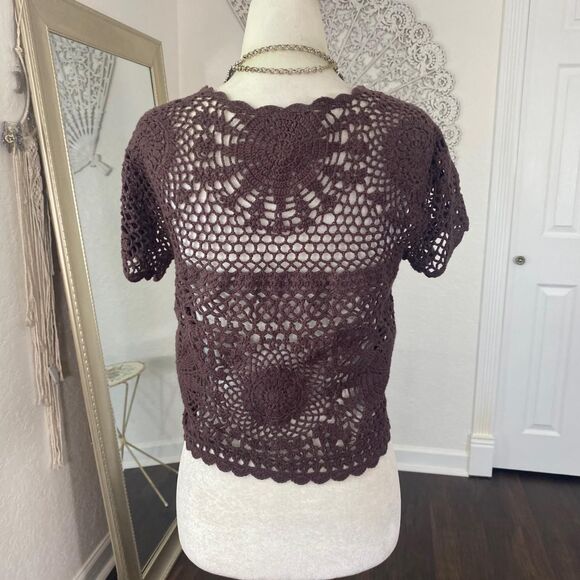 Carolyn Taylor Boho Cropped Crochet Dark Brown Short Front Tie Cardigan M - Picture 6 of 8